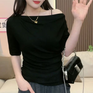 Shoulder Baring Slim Fit Short Sleeve T Shirt Womens Fashion Korean Style Commute Creative Pattern Regular Sleeve Length