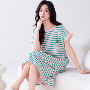 ชุดนอนผู้หญิงฤดูร้อนแขนสั้นผ้าฝ้ายแท้ลายทางลำลองน่ารักสำหรับนักเรียนชุดนอนในบ้านใหม่ ชุดนอนผ้าฝ้ายแท้ ชุดนอนผู้หญิง