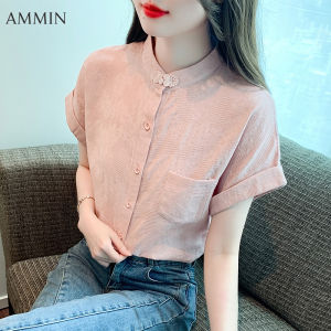 Ammin mới phong cách dân tộc Trung Hoa nút bọc nhỏ đứng cổ Áo Ren Thêu Bông Áo mùa hè mới phụ nữ thời trang thanh lịch giản dị đi lại hàng trăm ren thêu Tops
