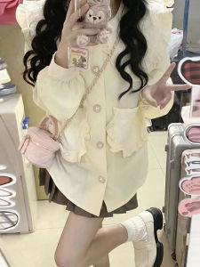 Spring New Design Sense Niche Style Younger Peter Pan Collar Ruffles Shirt Tops Loose Versatile Long Sleeve Shirt Women