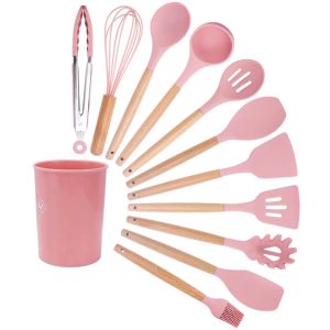 Metagio 11 Buah/Set Set Peralatan Dapur Silikon Sekop Anti Lengket Spatula Pegangan Kayu Perangkat Masak dengan Peralatan Dapur Kotak Penyimpanan