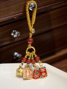 Chinese Vintage Enameled Brass Keychain Lucky Wealth God Handmade Pendant Creative Gift Traditional Cultural Creative Keychain