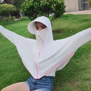 Sun Protection Jacket Anti UV Ice Silk Long Sleeve Breathable Zipper Blouse With Hat Outdoor Running Hiking Jaket Ice Silk Anti-UV Ringan & Sejuk Dipakai 冰丝防晒衣