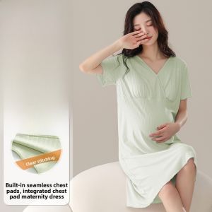 Miiow | Maternity Sleep Dress With Chest Pad Short Sleeve Midi Length For Pregnant Women Summer Comfortable Home Clothes Ladies Nightgown