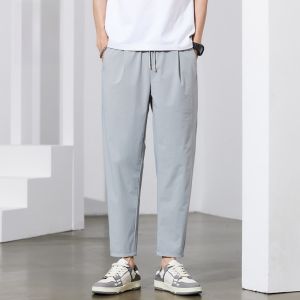 ROMON | Lormen Mens Casual Pants Summer Thin Ice Silk Loose Straight Leg Sports Elastic Nine Point Pants Male Model Harlan Style
