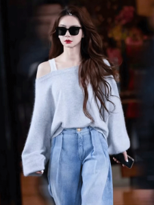 Retro Butterfly Knot Lace Sweater Womens Spring New Style Design Loose Fit Knitted Long Sleeve One Shoulder Knitwear