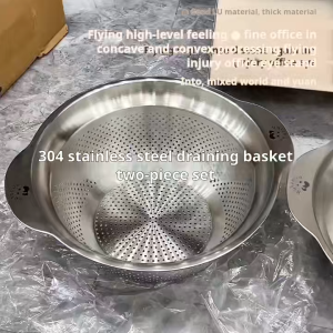Double-ear Stainless Steel Drain Basket Basin Set Thickened Home Kitchen Rice Washing Sieve Vegetable Washing Basin Drain Basin Soup Basin