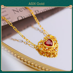 ASIX GOLD 916 gold French ruby and zircon heart clavicle necklace Korea fashion 18K gold lucky necklace The color does not turn black Wont peel Exquisite gifts