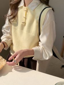 Yellow Sleeveless Knitted Vest Womens Casual Design Sweater Top Autumn Winter New Style Loose Fit Versatile Layering