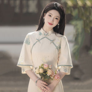 New Chinese Style Long Sleeve Qipao Young Womens Slim Fit Vintage Fashion Spring Autumn Wear High Slit Daily Occasion Polyester Fiber