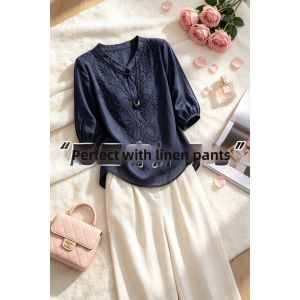 V.C.I | Embroidered Linen Blend Womens Short Sleeve Blouse