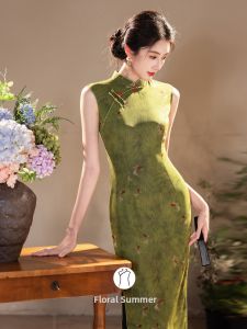 Elegant Chinese-style Sleeveless Long Dress Green Elastic Gauze