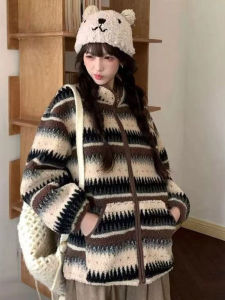 Shalldoer | French Retro Stripe Sheepskin Coat Casual Loose Double-sided Collar