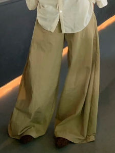 Korean Design Retro Semi-Elastic Wide Leg Pants Womens Loose Drape Minimalist Style Straight Long Casual Trousers