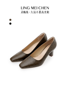 รองเท้าส้นสูงลายนกหวีด LINGMEICHEN สำหรับผู้หญิง ฤดูใบไม้ร่วง รองเท้าส้นกลางหนัง รองเท้าส้นหนา สไตล์จีน รองเท้าแตะส้นแบน