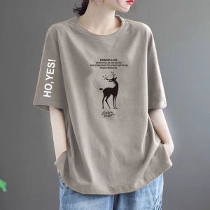 เสื้อยืดคอกลมแขนสั้นผ้าฝ้ายแท้พิมพ์ลายสไตล์วัยรุ่นสำหรับผู้หญิง ทรงหลวมสบายๆ ฤดูร้อน จีนแผ่นดินใหญ่