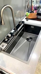 Chậu rửa bát 1 hố mạ tĩnh điện titan nano bồn rửa chén bát có vòi rút thác nước hiển thị nhiệt độ đa năng 5 phím