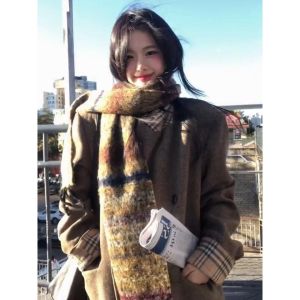 ผ้าพันคอไหมพรมปักลายฤดูหนาวสำหรับผู้หญิง ผ้าพันคอไหมพรมหนา อบอุ่น สไตล์เกาหลี ผ้าพันคอสีขาว ผ้าพันคอแบบใหม่