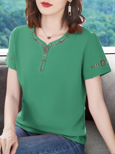 Áo Thun Cotton Tay Ngắn Thêu Dáng Rộng Mùa Hè Cho Phụ Nữ Trung Niên Cổ Chữ V Thường Ngày Chất Liệu Cotton Pha Polyester