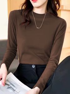 Slim Fit Long Sleeve T-Shirt Womens Spring Autumn New Style Base Layer Shirt High Elasticity Solid Color Top Half High Collar