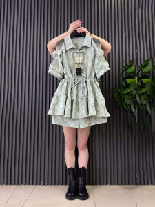 plus Size Womens Lace Shoulder Tassel Button Waist Cinched Top Shorts French Floral National Style Two-Piece Set Commute Simple Style