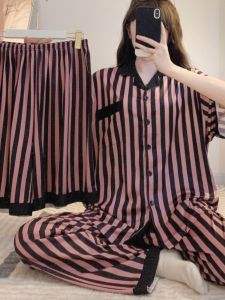 Summer Stripe Sleepwear Womens Short Sleeve Three-Piece Set plus Size Comfortable Casual Home Clothes Trendy Ice Silk Fabric