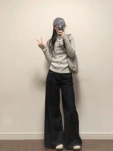 High Waist Wide Leg Deep Blue Denim Pants Womens Spring New Loose Drapey Straight Floor-Length Jeans Casual Style