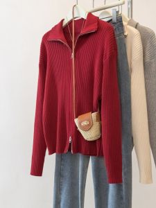 Red Zipper Knitted Sweater Jacket Womens Spring Autumn Slim Fit Thickened Cardigan Top Fashionable Turn-down Collar Design