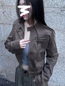 American Retro Zipper Cardigan Short Leather Jacket Maillard All-Matching Slim Fit Street Stand Collar PU Leather Jacket Tide