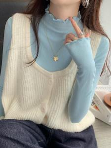 เสื้อยืดคอกลมแขนยาวทรงสลิมฟิตสำหรับผู้หญิง สีน้ำเงิน คอลเลกชั่นฤดูใบไม้ร่วง/ฤดูหนาว 2025 ดีไซน์ใหม่ ทรงเข้ารูป แขนยาว คอกลม