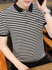 ROMON | Lormen Mens Stripe Short Sleeve Polo Shirt Summer Thin Ice Silk Business With Collar Top Pure Cotton T-Shirt Body Fashion Urban Youth Quick Dry