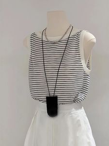 XIAOQIAOJIA | Áo ba lỗ không tay cổ tròn kẻ sọc thời trang mùa hè cho nữ Áo ngắn đơn giản phong cách Hàn Quốc Áo ba lỗ không tay thời trang