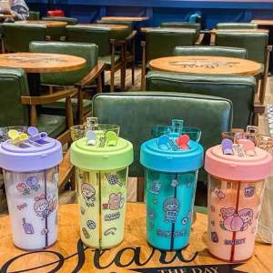 BOTOL MINUM 420ML Air Sedotan 2 Sisi Sekat Free Sticker Bpa Free Duet Couple
