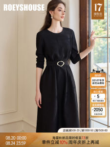 Elegant Black Textured Dress Roey S House A-Line Skirt Belted Commute Style Long Sleeve Mid-Length Pure Color Autumn New Arrivals