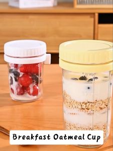 CozE Soda Lime Glass Yogurt Oats Container With Good Sealing Lid And Spoon Portable Breakfast Jars