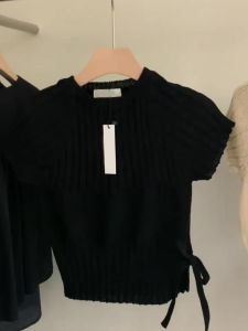 PAIBOLI | Chic Short Sleeve Knitwear Womens Spring 2024 Waist-Cinching Slimming Top Trendy Drawstring Design Versatile For All Body Types