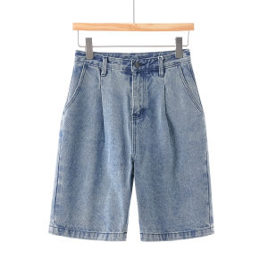 High Waist Straight Leg Five Inch Denim Jeans Casual Style Spring Season Ladies Fashion Blue Washed Zipper Closure Standard Fit