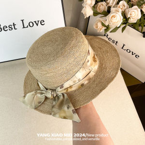 Elegant Chinese New Style Watercolor Hat Flat Top Straw Hat Womens French Vintage Sun Hat Summer Beach Vacation Sun Protection