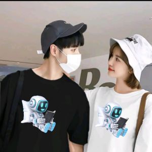 baju kaos couple robot / atasan kaos couple unik / baju kaos sepasang / atasan kaos pria wanita robot baca