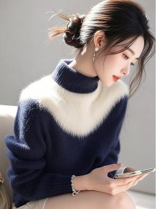 WANGGONGZHU | Womens High Collar Thickened Knitted Sweater Soft Cozy Fashionable Lazy Top Winter Warm Long Sleeve Solid Color Pure E-commerce