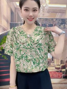 ฤดูร้อน ลายดอก ผ้าชีฟอง เสื้อท่อนบน หลวม เสื้อยืดแขนสั้นพอดีสําหรับคุณแม่ ลำลอง น้ำหนักเบา ชุดทํางานสไตล์วินเทจ