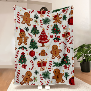1pc Ultra-Soft Christmas Gingerbread Wonderland Print Flannel Throw Blanket- Festive Holiday Decorative Blanket