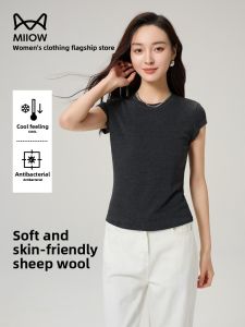 miiow | Black Slim Fit Wool T-Shirt High Elasticity Soft Comfortable Cat Person Base Shirt Short Sleeve Lyocell Rayon Acrylic Wool Blend