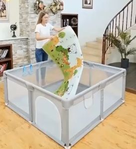 【Free Return】Playpen for Baby Large Playpen with Stainless Steel Frame Breathable Mesh Bed Fence Indoor Playground Anti-Slip Base (Gray)