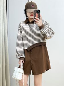 Áo Sơ Mi Kẻ Sọc Dài Vừa Phải + Áo Khoác Vest Trùm Đầu Mùa Xuân 2024 Áo Hai Mảnh Thời Trang Nữ Phong Cách Ngọt Ngào Bằng Polyester