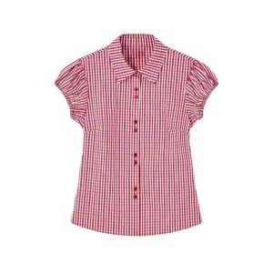 YUEZHONGWEI | Red Plaid Bubble Sleeve Short Sleeve Slim Fit Shirt Women Summer Design Korean Style Small Size Turn Collar Top Korean Style