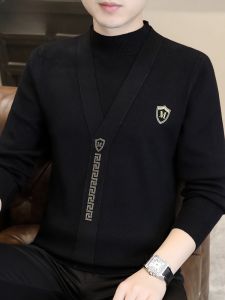 HENGYUANXIANG | Stylish Mens Knitted Sweater Fake Two-Piece Diamond Heat-Treatment Half-High Collar Base Layer Fashionable Urban Style Autumn