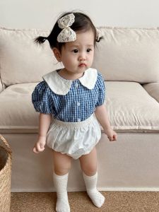Thin Summer Baby Short Sleeve Shirt Girls Cute Rabbit Doll Collar Plaid Top And Pants Set Cotton Blend Comfortable All Match