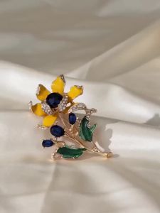 Trâm Cài Hoa Vàng Cổ Điển Mạ Vàng Hoa Men Vàng Đá Quý Xanh Dương & Lá Xanh Phụ Kiện Thời Trang Cổ Điển Thích Hợp Đeo Hàng Ngày Món Quà Lý Tưởng