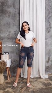 Celana Jeans Pendek Wanita Jumbo Sobek 7/8 Legging Pinggang Karet Kolor Rip
